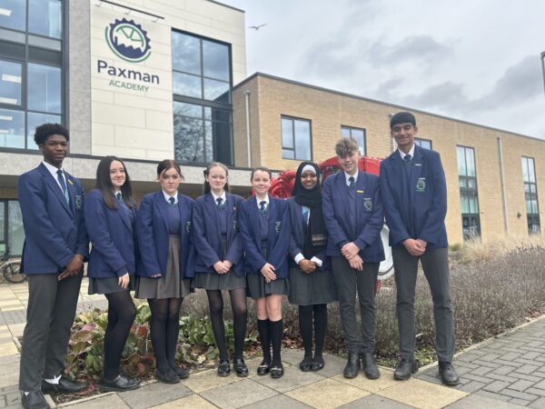 Students at Paxman Academy outside the school celebrating Good Ofsted rating
