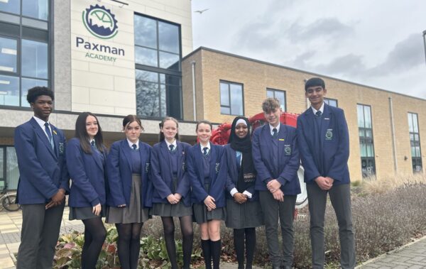 Students at Paxman Academy outside the school celebrating Good Ofsted rating